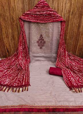 Women's grey thread sequence embrodiery bandhani print dupatta parampara cotton dress material 3