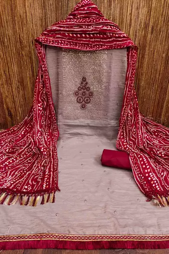 Women's grey thread sequence embrodiery bandhani print dupatta parampara cotton dress material