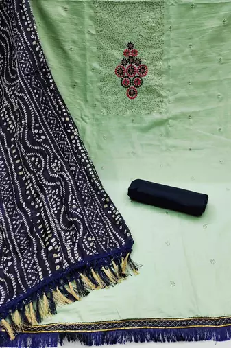Women's light green sequence embrodiery bandhani print dupatta parampara cotton dress material