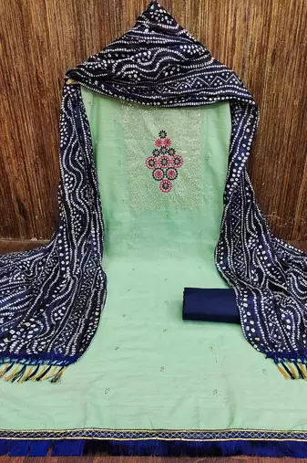 Women's light green sequence embrodiery bandhani print dupatta parampara cotton dress material