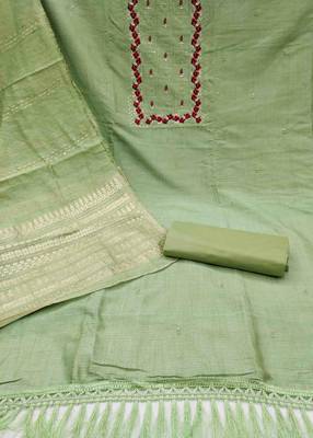 Women's green heavy thread embrodiery with designer dobby jacquard dupatta cotton dress material 2