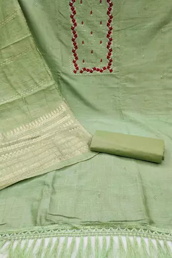 Women's green heavy thread embrodiery with designer dobby jacquard dupatta cotton dress material