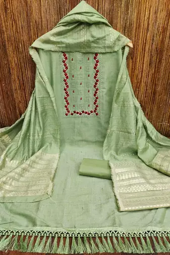 Women's green heavy thread embrodiery with designer dobby jacquard dupatta cotton dress material