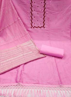 Women's pink heavy thread embrodiery with designer dobby jacquard dupatta cotton dress material 2
