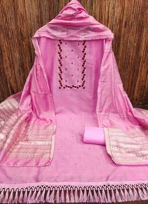 Women's pink heavy thread embrodiery with designer dobby jacquard dupatta cotton dress material 3