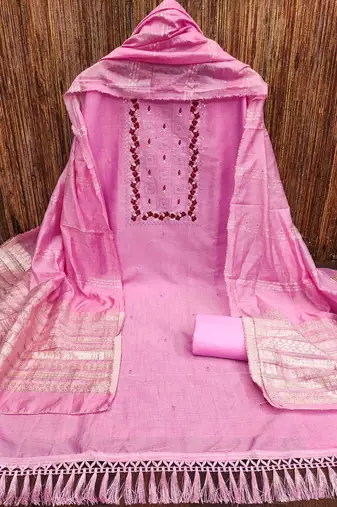 Women's pink heavy thread embrodiery with designer dobby jacquard dupatta cotton dress material