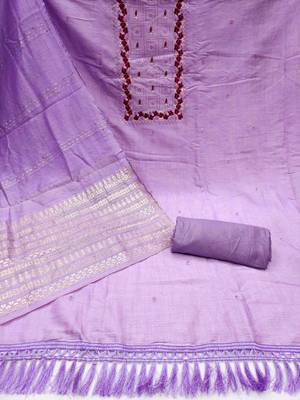 Women's purple heavy thread embrodiery with designer dobby jacquard dupatta cotton dress material 2