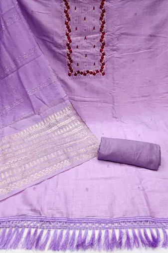 Women's purple heavy thread embrodiery with designer dobby jacquard dupatta cotton dress material