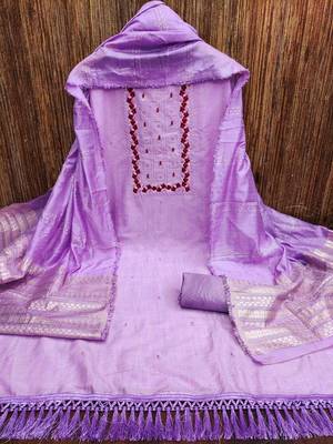 Women's purple heavy thread embrodiery with designer dobby jacquard dupatta cotton dress material 3