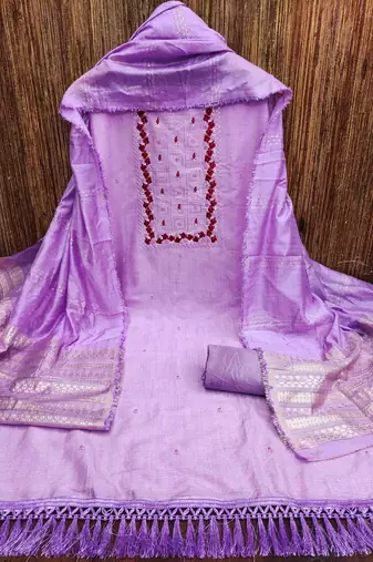 Women's purple heavy thread embrodiery with designer dobby jacquard dupatta cotton dress material