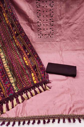 Women's pink unstitched heavy thread embrodiery with designer bandhani print dupatta zora silk dress material (mt508pnk)