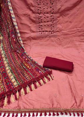 Women's rust heavy thread embrodiery with designer bandhani print dupatta zora silk dress material 2