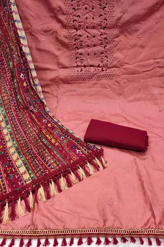 Women's rust heavy thread embrodiery with designer bandhani print dupatta zora silk dress material