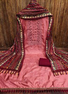 Women's rust heavy thread embrodiery with designer bandhani print dupatta zora silk dress material 3