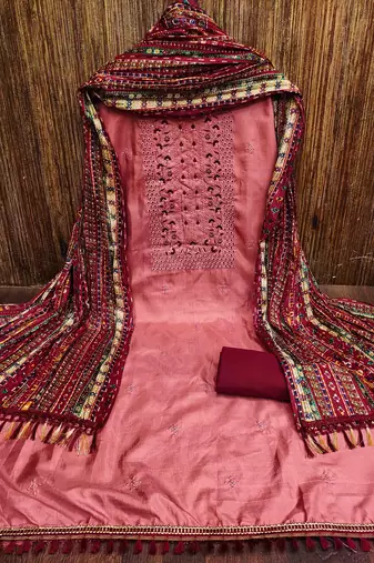 Women's rust heavy thread embrodiery with designer bandhani print dupatta zora silk dress material