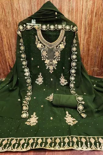 Women's green heavy zari embrodiery with embroidered dupatta georgette dress material