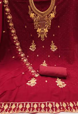 Women's maroon heavy zari embrodiery with embroidered dupatta georgette dress material 2