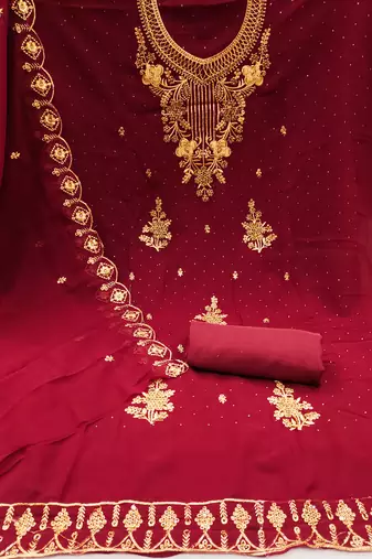 Women's maroon heavy zari embrodiery with embroidered dupatta georgette dress material