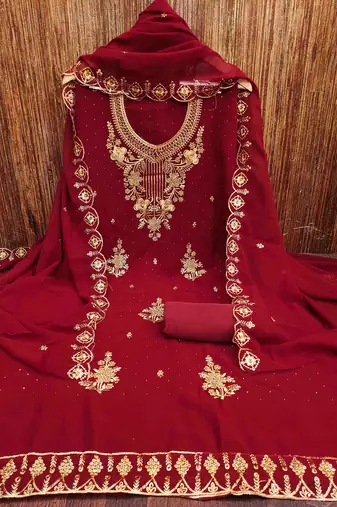 Women's maroon heavy zari embrodiery with embroidered dupatta georgette dress material