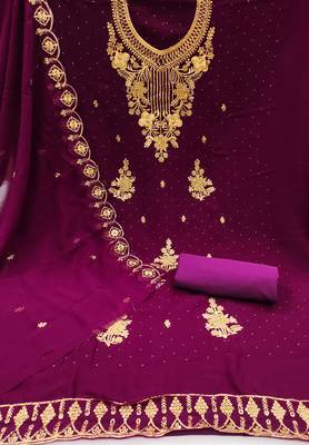 Women's purple unstitched heavy zari embrodiery with embroidered dupatta georgette dress material  2