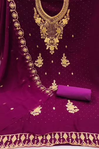 Women's purple unstitched heavy zari embrodiery with embroidered dupatta georgette dress material 