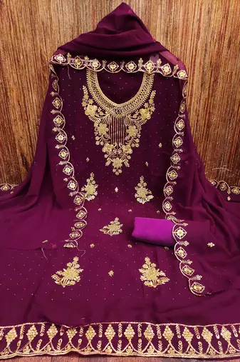 Women's purple unstitched heavy zari embrodiery with embroidered dupatta georgette dress material 