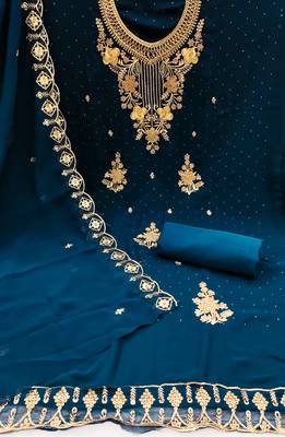 Women's teal blue unstitched heavy zari embrodiery with embroidered dupatta georgette dress material  2