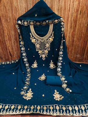 Women's teal blue unstitched heavy zari embrodiery with embroidered dupatta georgette dress material  3