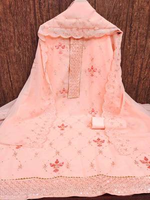 Women's peach sequence embrodiery with designer embroidered dupatta georgette dress material 3