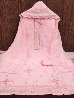 Women's pink thread sequence embrodiery with designer embroidered dupatta georgette dress material 3