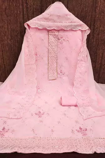 Women's pink thread sequence embrodiery with designer embroidered dupatta georgette dress material