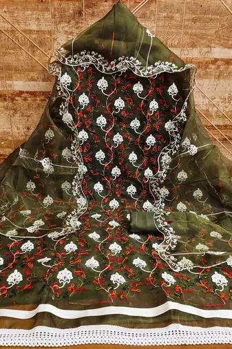 Women's green chain stitched embrodiery with embroidered dupatta organza dress material