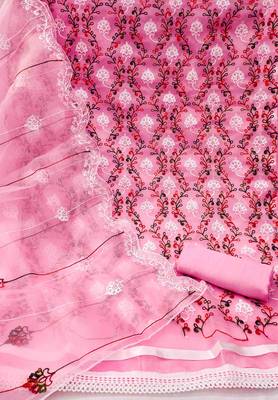 Women's pink chain stitched embrodiery with embroidered dupatta organza dress material 2