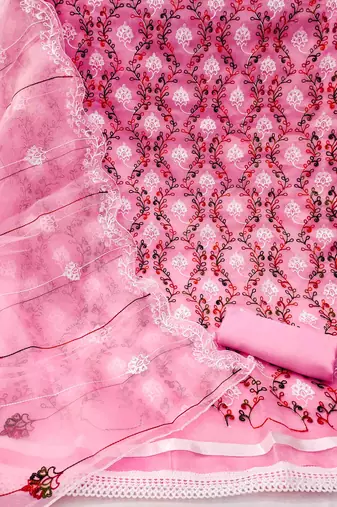 Women's pink chain stitched embrodiery with embroidered dupatta organza dress material