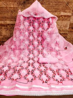 Women's pink chain stitched embrodiery with embroidered dupatta organza dress material 3