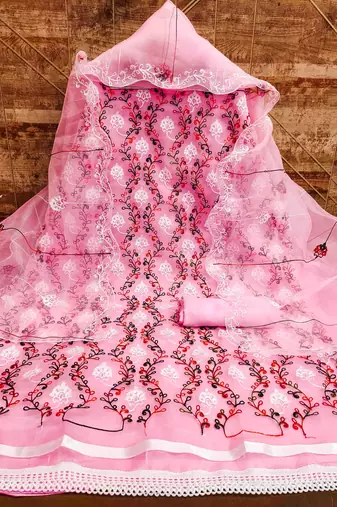 Women's pink chain stitched embrodiery with embroidered dupatta organza dress material
