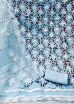 Women's sky blue chain stitched embrodiery with embroidered dupatta organza dress material 2