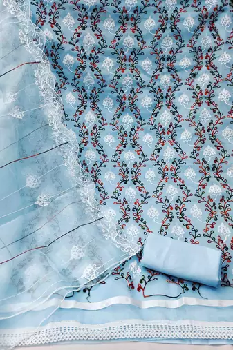Women's sky blue chain stitched embrodiery with embroidered dupatta organza dress material