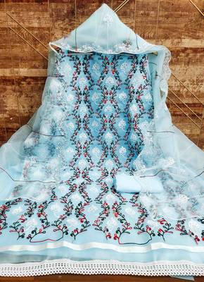 Women's sky blue chain stitched embrodiery with embroidered dupatta organza dress material 3