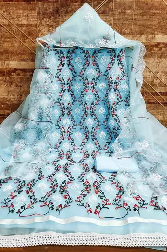Women's sky blue chain stitched embrodiery with embroidered dupatta organza dress material