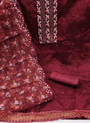 Women's maroon sequence embrodiery with designer digital print dupatta organza dress material 2