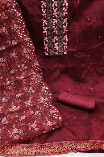 Women's maroon sequence embrodiery with designer digital print dupatta organza dress material