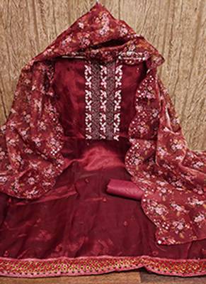 Women's maroon sequence embrodiery with designer digital print dupatta organza dress material 3