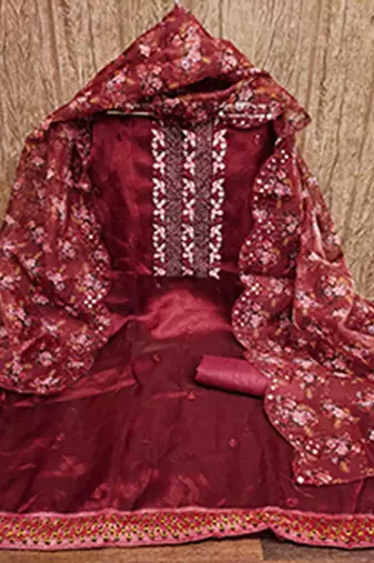 Women's maroon sequence embrodiery with designer digital print dupatta organza dress material