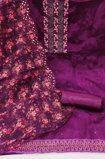 Women's purple unstitched  sequence embrodiery with designer digital print dupatta organza dress material (mt512ppl)