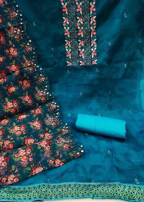 Women's teal blue sequence embrodiery with designer digital print dupatta organza dress material 1