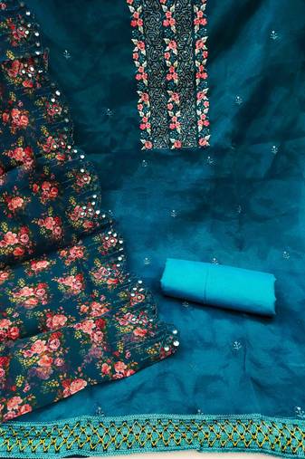 Women's teal blue unstitched sequence embrodiery with designer digital print dupatta organza dress material (mt512tbl)