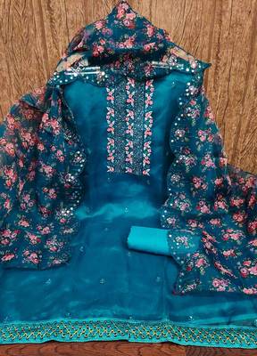 Women's teal blue sequence embrodiery with designer digital print dupatta organza dress material 3