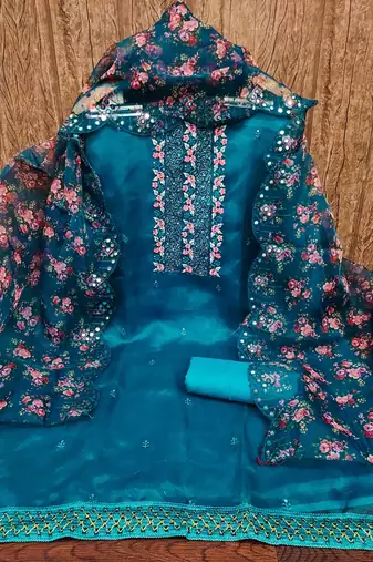 Women's teal blue sequence embrodiery with designer digital print dupatta organza dress material