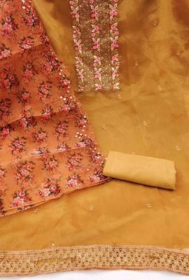 Women's yellow sequence embrodiery with designer digital print dupatta organza dress material 1